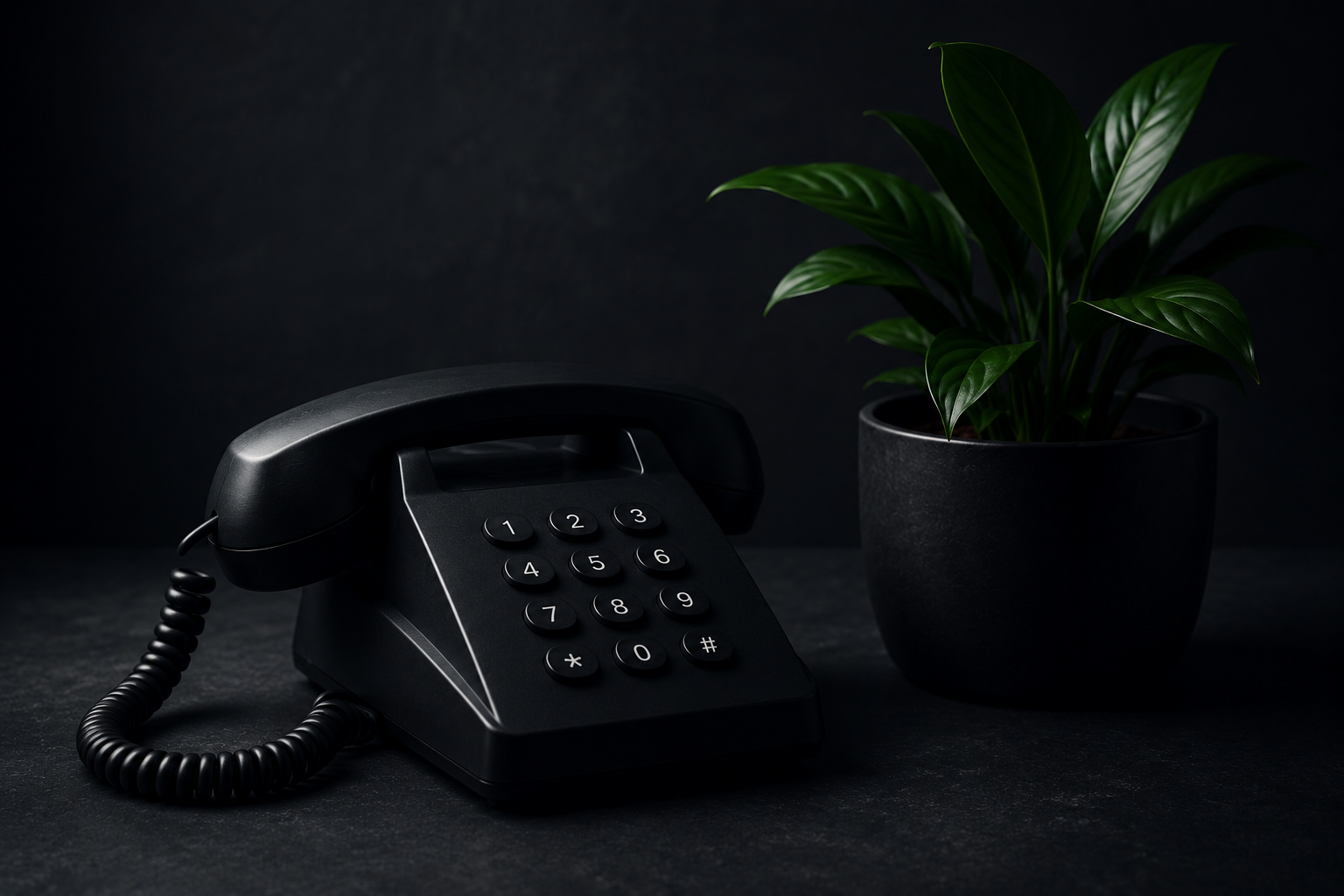Black vintage telephone next to a plant